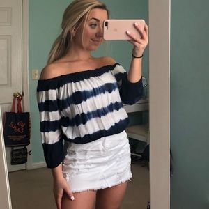 blue and white off the shoulder top